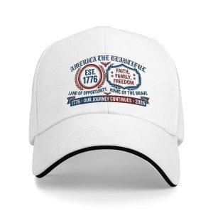 White sandwich baseball cap with “America the Beautiful EST. 1776 Faith Family Freedom” banner print, studio shot.
