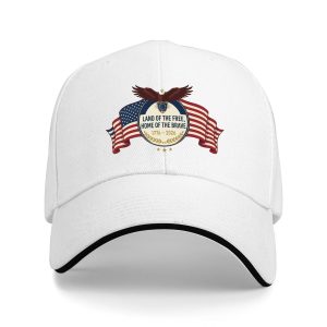 White sandwich baseball cap with a bald eagle, American flags, and “Land of the Free Home of the Brave” emblem print, studio shot.