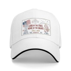 White sandwich baseball cap with “Land of the Free Home of the Brave” and “America 250” print, studio shot