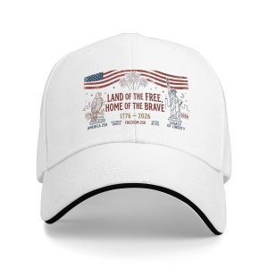 White sandwich baseball cap with a distressed “Land of the Free Home of the Brave” print, studio shot.
