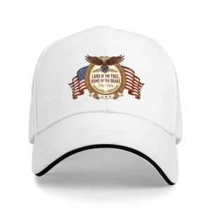 White sandwich baseball cap with the full ornate bald eagle and American flag emblem print, studio shot.