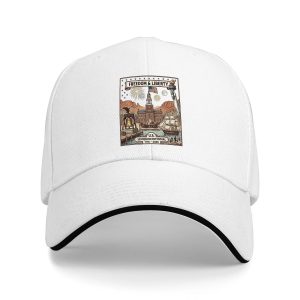 White sandwich baseball cap with the full U.S. Semiquincentennial historical scene print, studio shot.