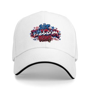 White sandwich baseball cap with the full red, white, and blue “Let Freedom Ring” graffiti print, studio shot.