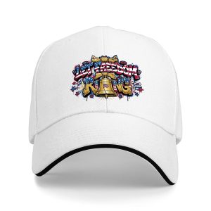 White sandwich baseball cap with the full “Let Freedom Ring” graffiti print featuring the Liberty Bell, studio shot.