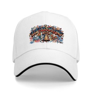 White sandwich baseball cap with the full multi-color “Let Freedom Ring” graffiti print, studio shot.