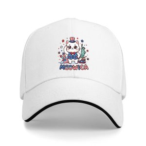 White sandwich baseball cap with the full “Meowica” cat print, studio shot.