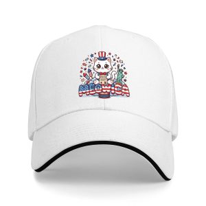 White sandwich baseball cap with the full “Meowica” cat print, studio shot.