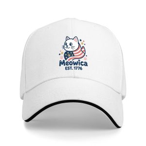 White sandwich baseball cap with the full “Meowica EST. 1776” cat print, studio shot.