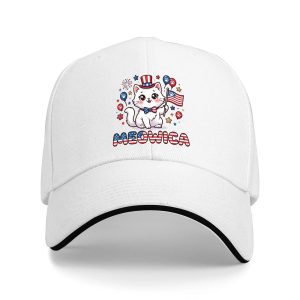 White sandwich baseball cap with the full “Meowica” cat print, studio shot.
