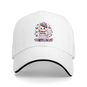White sandwich baseball cap with the full “Meowica” cat print, studio shot.
