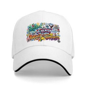 White sandwich baseball cap with the full “Life Liberty Pursuit of Happiness” graffiti print, studio shot.