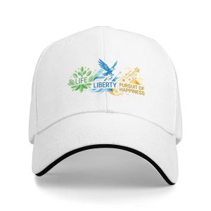 White sandwich baseball cap with the full minimalist “Life, Liberty, and the Pursuit of Happiness” print, studio shot.