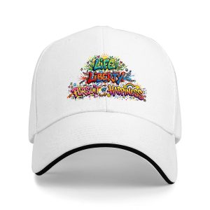 White sandwich baseball cap with the full neon-inspired “Life, Liberty, and the Pursuit of Happiness” graffiti print, studio shot.