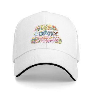 White sandwich baseball cap with the full watercolor-style “Life, Liberty, and the Pursuit of Happiness” print, studio shot.