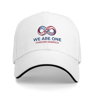 White sandwich baseball cap with the full “We Are One Forever America” infinity handshake print, studio shot.