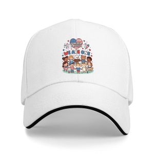 White sandwich baseball cap with the full “We Are One Forever America” diverse cartoon print, studio shot.