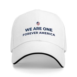 White sandwich baseball cap with the full minimalist “We Are One Forever America” print, studio shot.