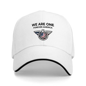 White sandwich baseball cap with the full “We Are One Forever America” eagle infinity flag print, studio shot.