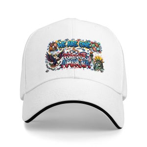 White sandwich baseball cap with the full vibrant “We Are One Forever America” graffiti print, studio shot.
