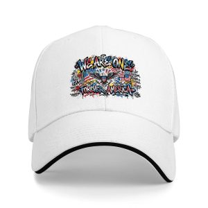 White sandwich baseball cap with the full vibrant “We Are One Forever America” eagle graffiti print, studio shot.