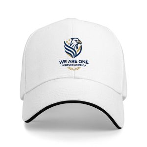 White sandwich baseball cap with the full minimalist “We Are One Forever America” eagle emblem print, studio shot.