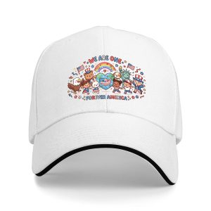 White sandwich baseball cap with the full “We Are One Forever America” diverse cartoon print, studio shot.