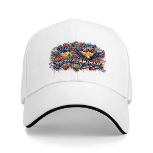 White sandwich baseball cap with the full vibrant “We Are One Forever America” eagle graffiti print, studio shot.