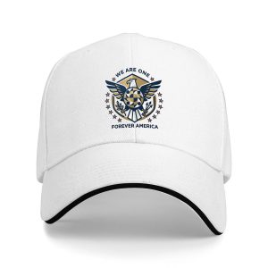 White sandwich baseball cap with the full minimalist “We Are One Forever America” geometric eagle emblem print, studio shot.