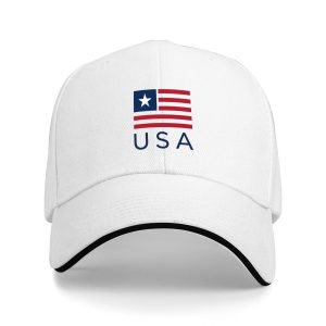 White sandwich baseball cap with the full minimalist USA flag print, studio shot.