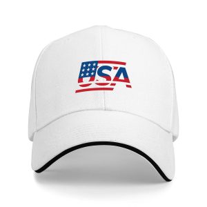 White sandwich baseball cap with the full bold USA flag-style typography print, studio shot.