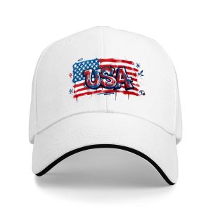 White sandwich baseball cap with the full vibrant “USA” flag graffiti print, studio shot.