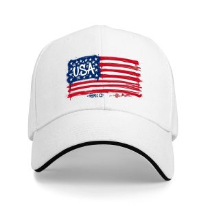 White sandwich baseball cap with the full distressed “USA” American flag print, studio shot.