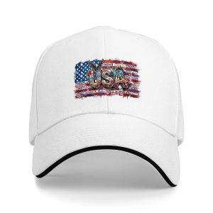 White sandwich baseball cap with the full vibrant “USA” flag graffiti print, studio shot.