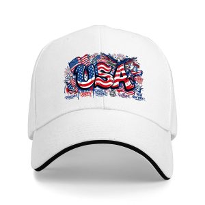 White sandwich baseball cap with the full bold USA flag-style typography print, studio shot.