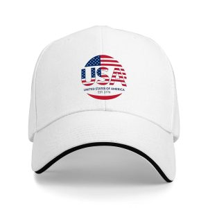 White sandwich baseball cap with the full minimalist circular “USA” American flag print, studio shot.