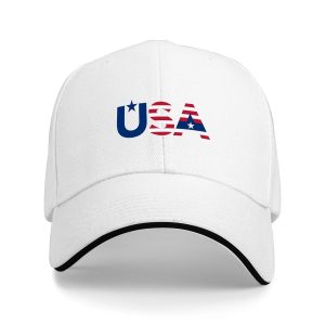 White sandwich baseball cap with the full bold USA flag-style typography print, studio shot.