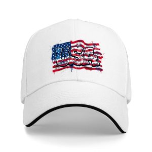 White sandwich baseball cap with full clear USA flag lettering patriotic print, pure white background studio close-up.