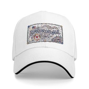 White sandwich baseball cap with the full clear “Semiquicentennial” 250th anniversary folk-art print, studio shot.