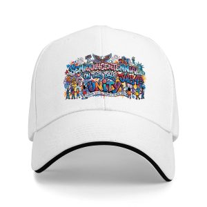 White sandwich baseball cap with the full clear “Semiquincentennial” 250th anniversary street-art print, studio shot.
