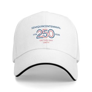White sandwich baseball cap with the full clear “Semiquincentennial 250th Anniversary” typography print, studio shot.