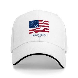 White sandwich baseball cap with the full clear stylized American flag and “born of liberty USA” print, studio shot.
