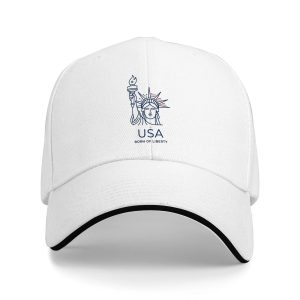 White sandwich baseball cap with the full clear line-art Statue of Liberty and “USA Born of Liberty” print, studio shot.