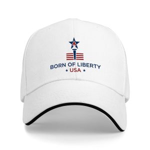 White sandwich baseball cap with the full clear “Born of Liberty USA” star-and-torch print, studio shot.