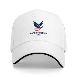 White sandwich baseball cap with the full clear eagle silhouette and “Born of Liberty USA” print, studio shot.