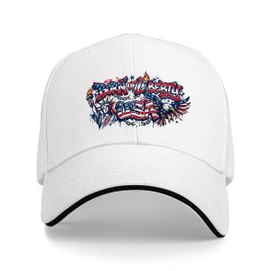 White sandwich baseball cap with the full clear “Born of Liberty USA” street-art print, studio shot.