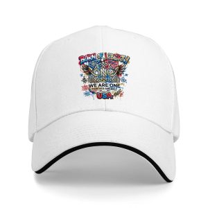 White sandwich baseball cap with the full clear “Born of Liberty We Are One” street-art print, studio shot.