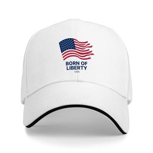 White sandwich baseball cap with the full clear stylized American flag and “Born of Liberty USA” print, studio shot.