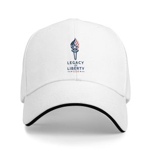 White sandwich baseball cap with the full clear torch icon and “Legacy of Liberty USA” print, studio shot.