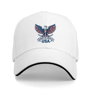 White sandwich baseball cap with the full clear eagle-and-torch “Legacy of Liberty USA” print, studio shot.