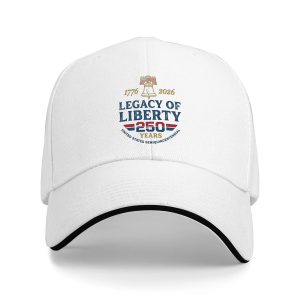 White sandwich baseball cap with the full clear distressed Liberty Bell and “Legacy of Liberty 250 Years” print, studio shot.